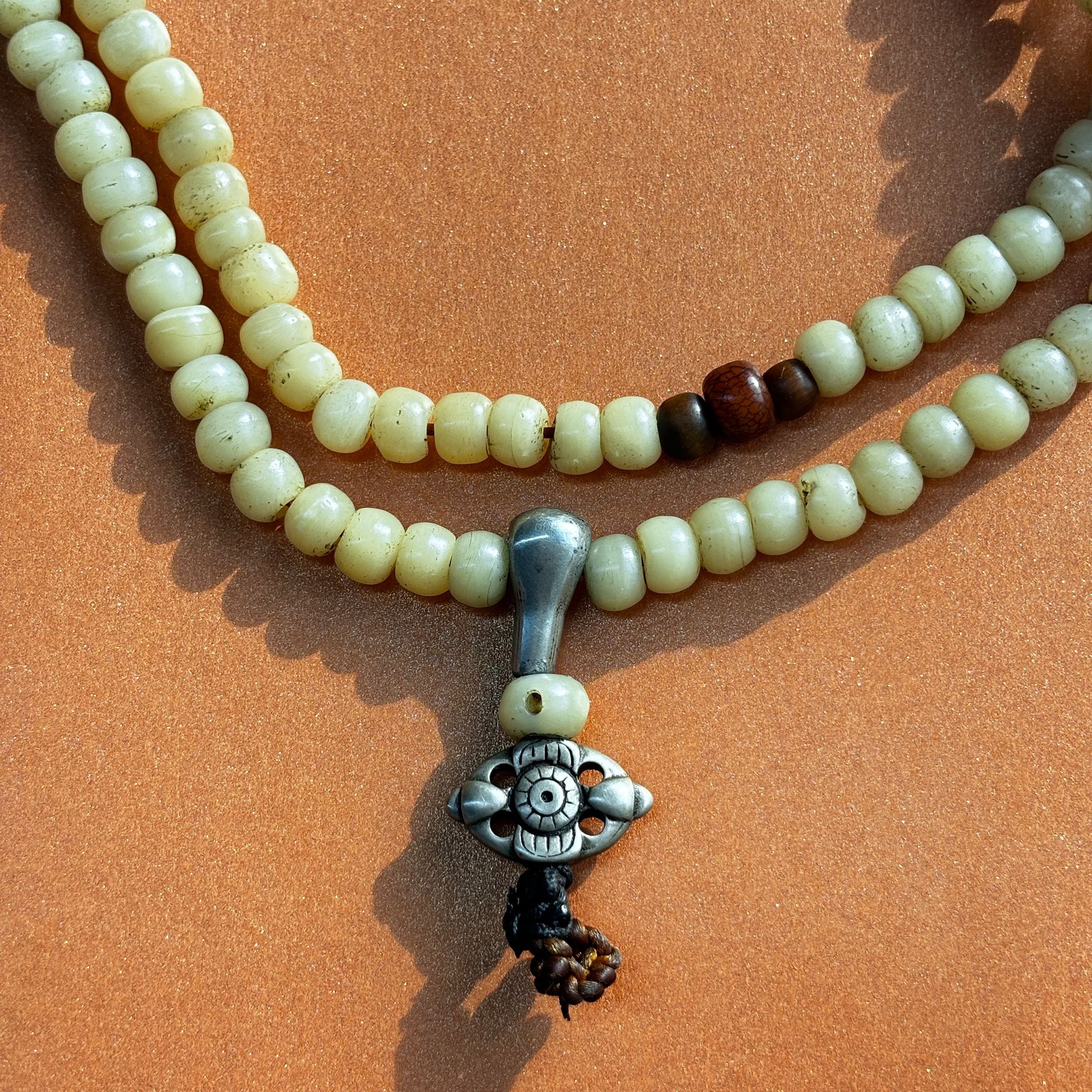 Tibetan Yak Bone Mala Necklace with Dorje Pendant