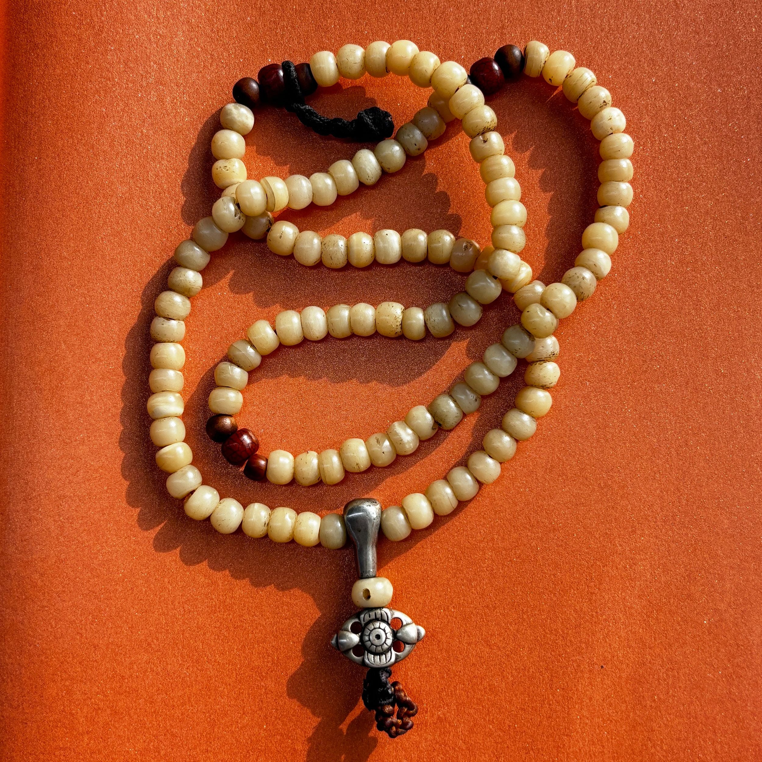 Tibetan Yak Bone Mala Necklace with Dorje Pendant